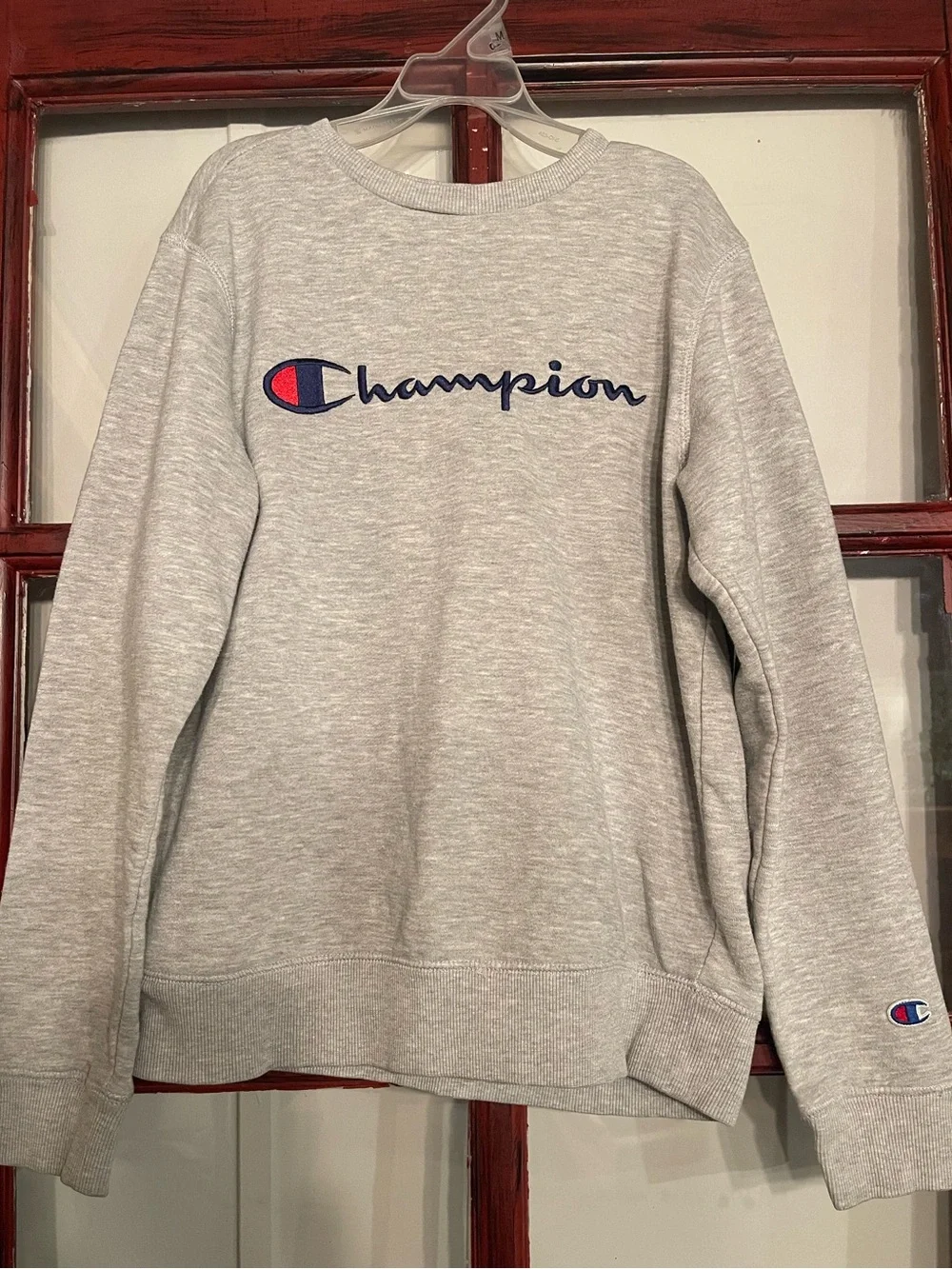Champion Heather Gray Crewneck Sweatshirt with Navy & Red Logo